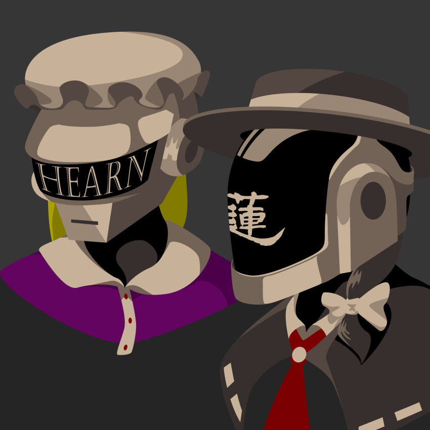 2girls, black_background, black_hair, black_hat, blonde_hair, buttons, capelet, collared_dress