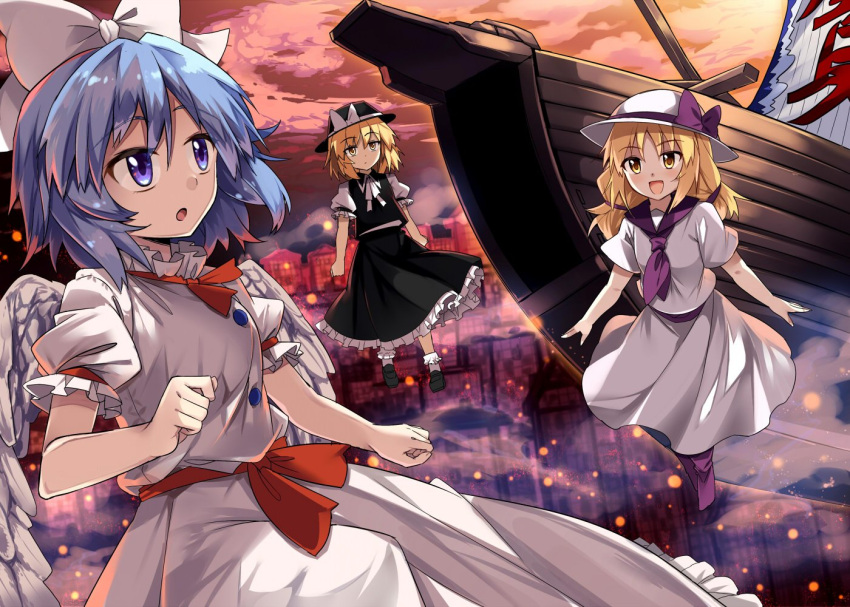 3girls, :d, :o, black_footwear, black_skirt, black_vest, blonde_hair, blue_eyes, blue_hair, bow, commentary_request, dress, e.o., embers, expressionless, eyebrows_visible_through_hair, fedora, hat, hat_bow, low_twintails, luize, mai_(touhou), makai_(touhou), multiple_girls, neck_ribbon, open_mouth, palanquin_ship, parted_lips, petticoat, puffy_short_sleeves, puffy_sleeves, purple_bow, purple_neckwear, red_sky, ribbon, sailor_collar, ship, short_hair, short_sleeves, skirt, sky, smile, socks, touhou, touhou_(pc-98), twintails, vest, watercraft, white_dress, white_legwear, white_neckwear, white_ribbon, yellow_eyes, yuki_(touhou)