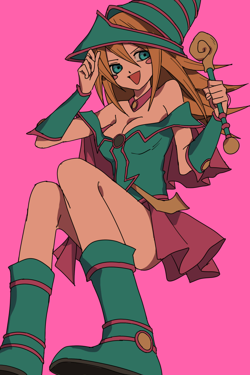 absurdres, bare_shoulders, blonde_hair, blue_footwear, blush_stickers, boots, breasts, choker, cleavage, dark_magician_girl, duel_monster, green_eyes, hat, hexagram, highres, large_breasts, pentacle, pentagram, staff, tu_wei, wizard_hat, yu-gi-oh!, yuu-gi-ou_duel_monsters