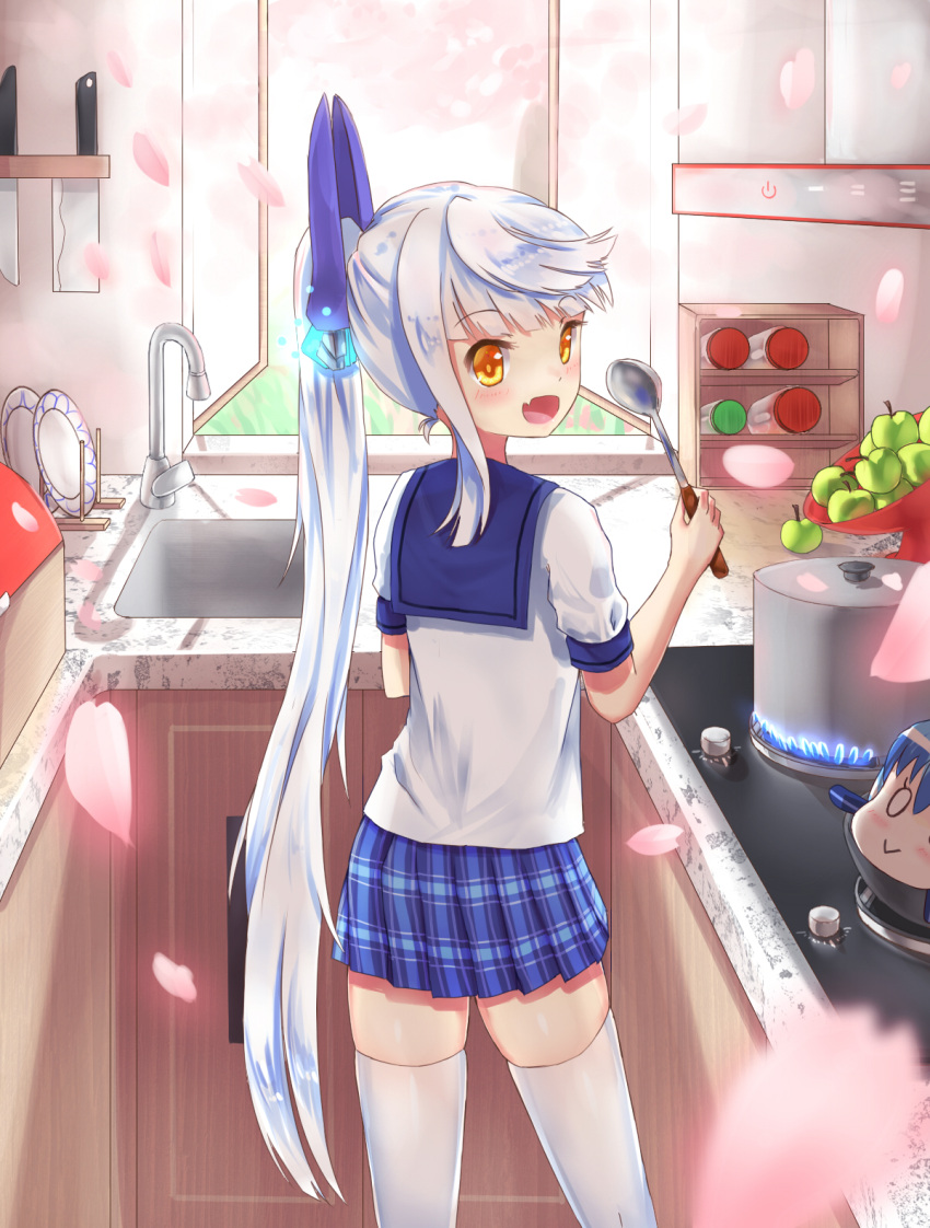 1girl, alternate_costume, alternate_hairstyle, cooking, fang, hair_ornament, highres, holding_object