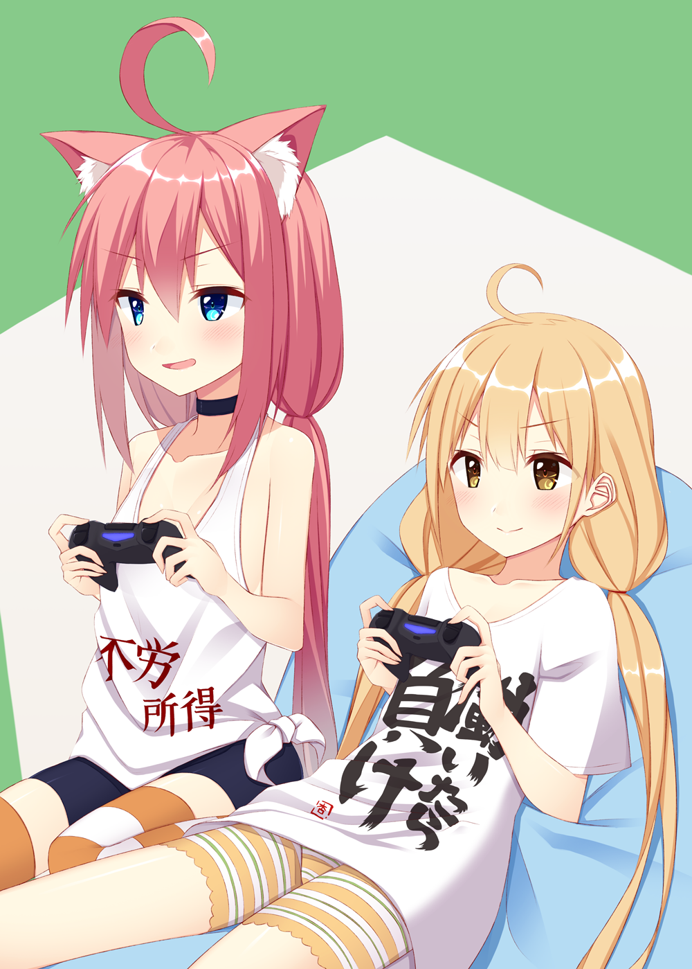 2girls, ahoge, animal_ears, bike_shorts, black_choker, blonde_hair, blue_eyes, blush