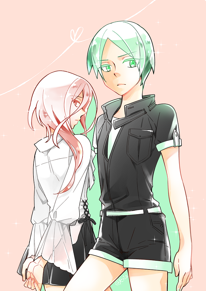 alternate_costume, androgynous, arms_behind_back, contemporary, green_eyes, green_hair, houseki_no_kuni, long_hair