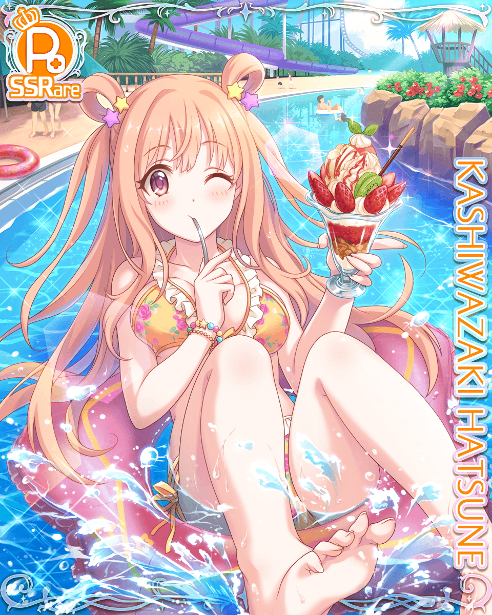 1girl, bikini, breasts, card_(medium), cygames, floater, hair_ornament, highres
