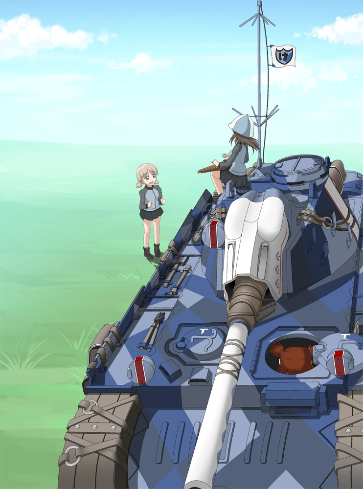 3girls, aki_(girls_und_panzer), ayakaze_satsuki, black_hair, brown_hair, caterpillar_tracks, clouds, edelweiss_(senjou_no_valkyria)