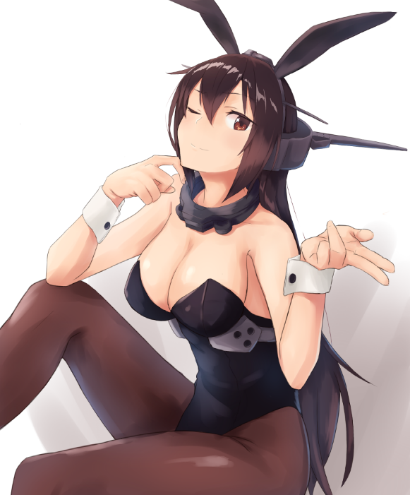 1girl, ;), alternate_costume, animal_ears, bare_shoulders, black_leotard, blush, breasts