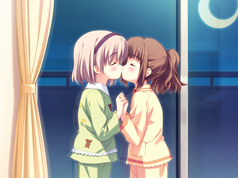 2girls, christof_clement, closed_eyes, game_cg, hairband, hand_holding, holding_hands, kiss, kusukusu, loli, night, pajamas, ponytail, reflection, ruriko, sakura_strasse, trap, window, yuri