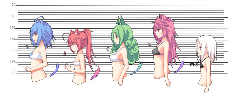 5girls, :d, aixioo, anger_vein, animal_ears, animal_print, bare_arms, bare_shoulders