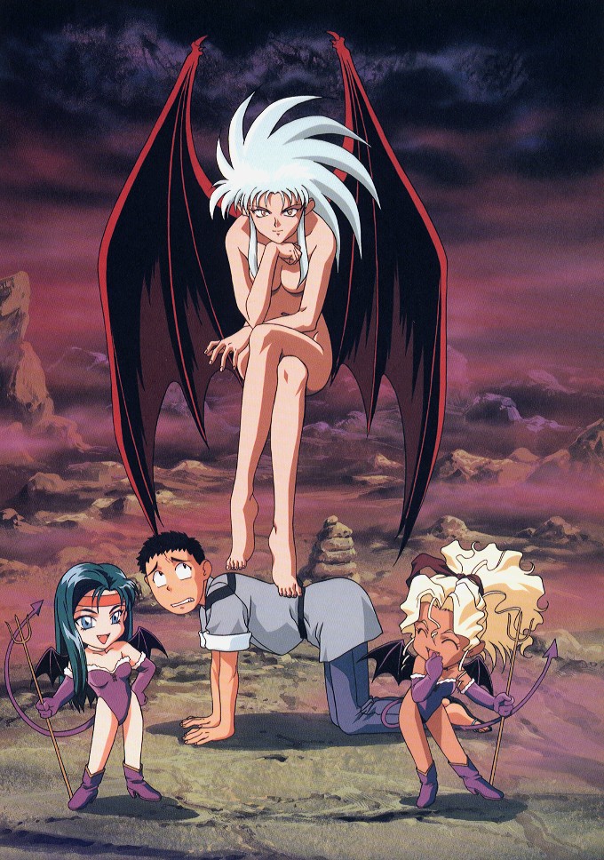 black_hair, blonde_hair, blue_eyes, crossed_legs, demon_girl, green_hair, hakubi_ryoko, headband