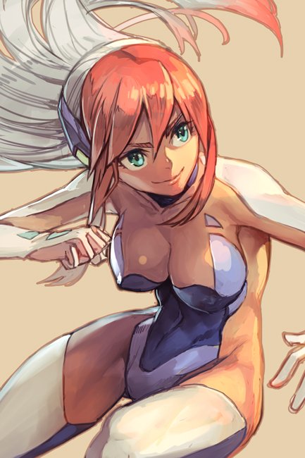 1girl, aqua_eyes, birdy_cephon_altirra, blue_leotard, breasts, cleavage, clenched_hand, covered_navel
