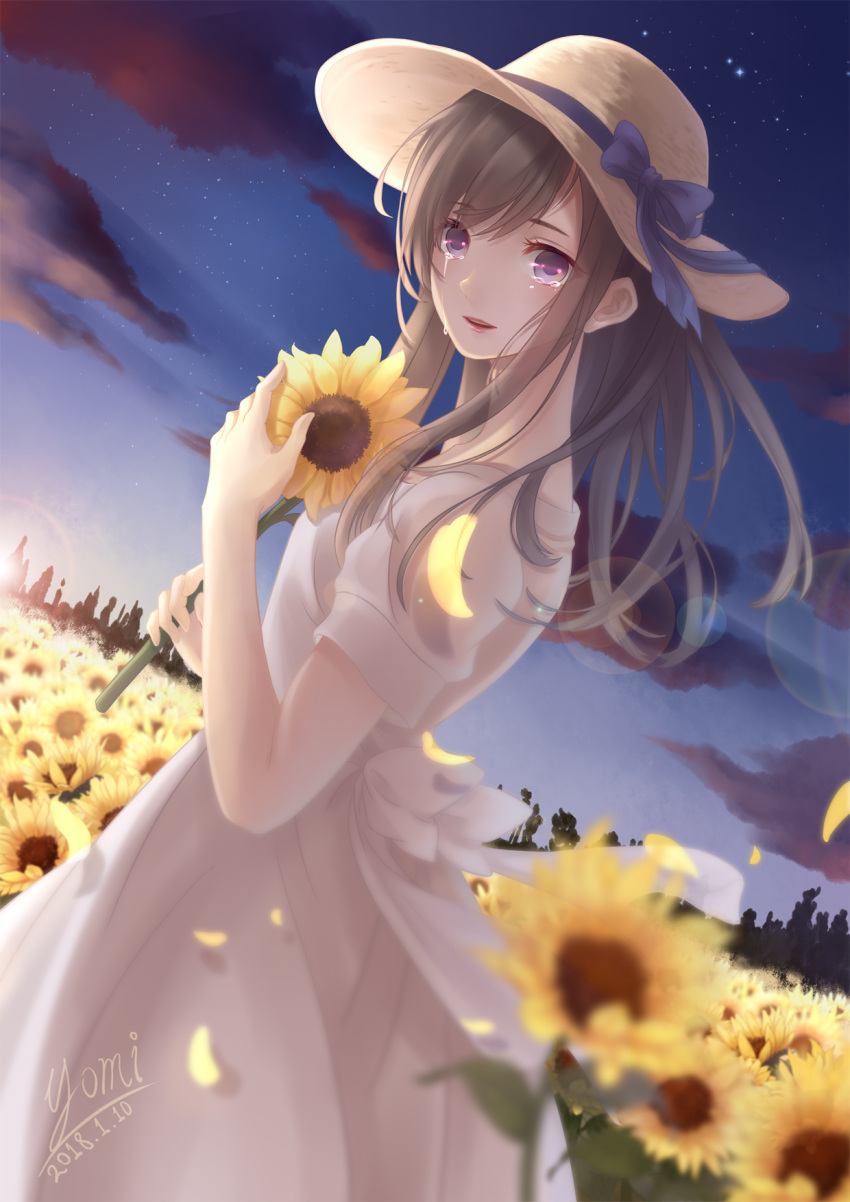 1girl, artist_name, brown_hair, dated, dress, dutch_angle, field, flower, flower_field, hat, hat_ribbon, highres, holding, holding_flower, long_hair, looking_at_viewer, original, outdoors, ribbon, solo, sun_hat, sunflower, tears, twilight, violet_eyes, white_dress, youzixiaoming
