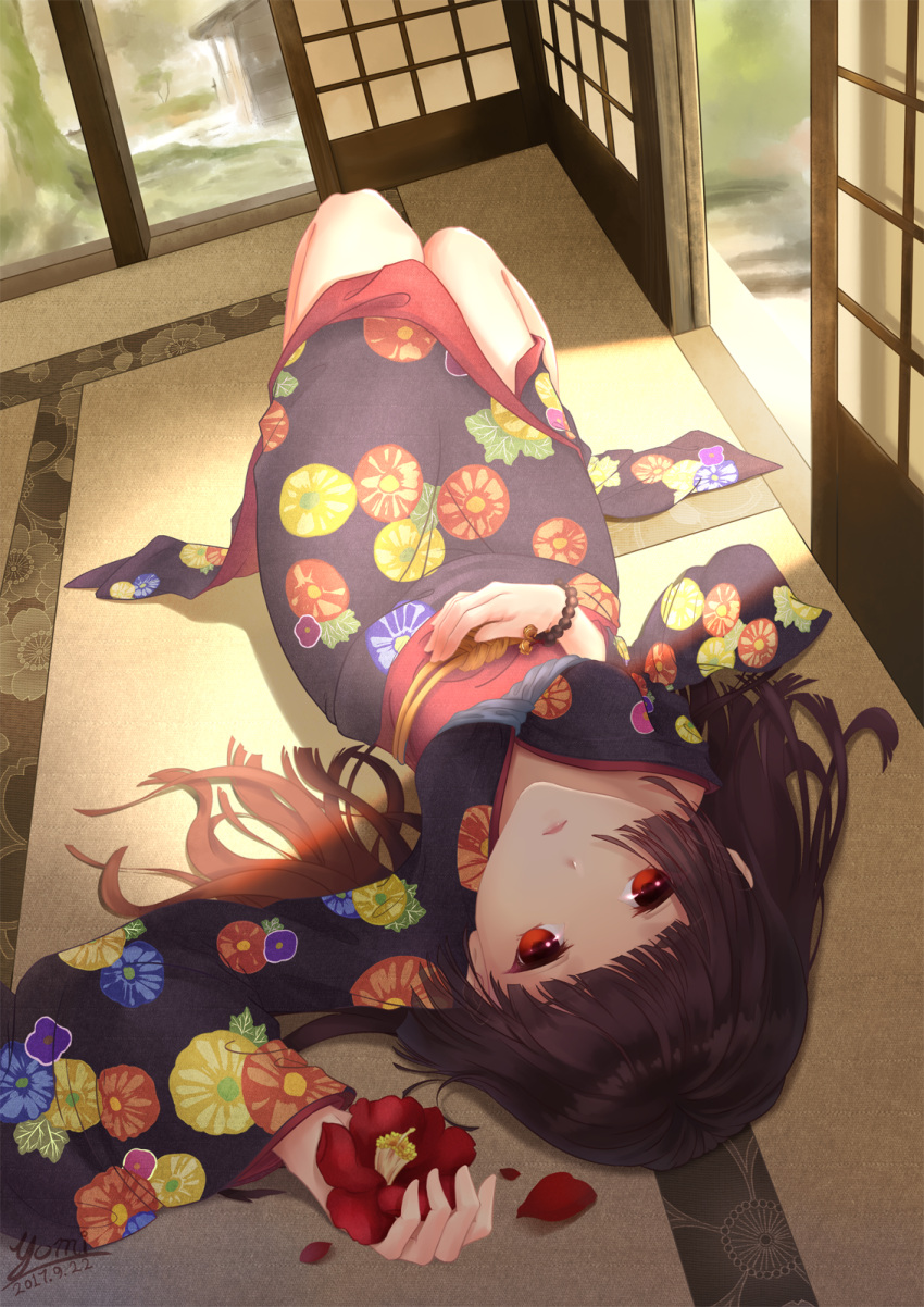 1girl, artist_name, black_hair, bracelet, dated, dutch_angle, enma_ai, floral_print