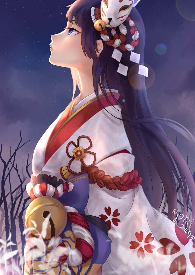 1girl, bare_tree, bell, black_hair, blue_eyes, dated, hair_ornament, japanese_clothes
