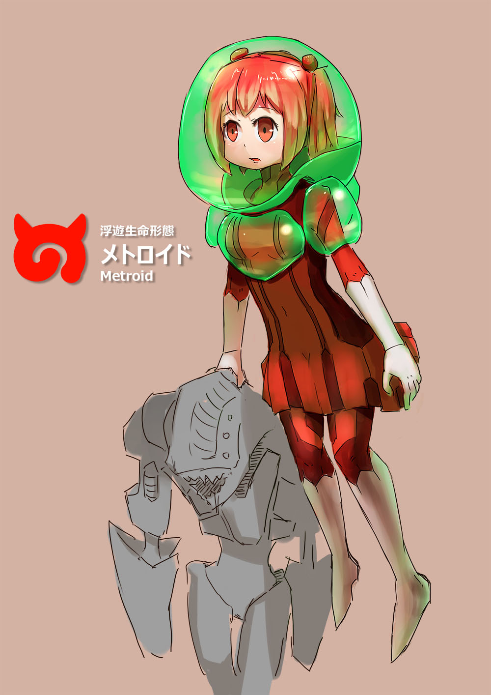1girl, adapted_costume, bodysuit, character_request, eyebrows_visible_through_hair, flying, hair_bobbles, hair_ornament, highres, japari_symbol, kemono_friends, koko_nuts_(aponm), metroid, metroid_(creature), red_eyes, redhead, short_hair, skirt, translation_request