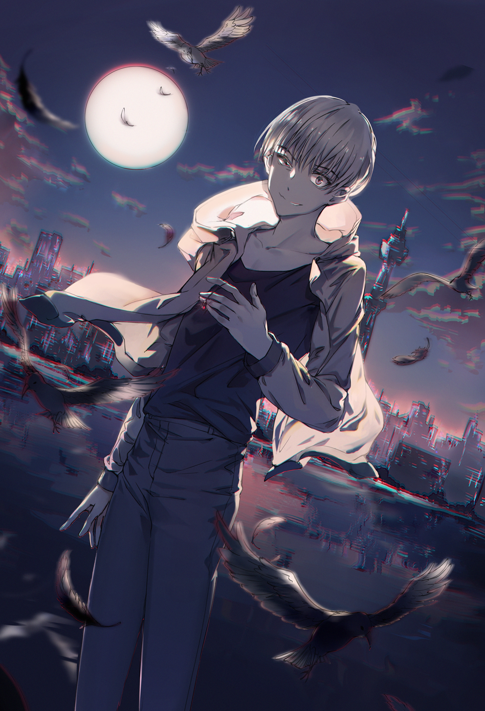 1boy, arm_at_side, bird, chromatic_aberration, dutch_angle, enokida_(hakata_tonkotsu_ramens), full_moon, hakata_tonkotsu_ramens