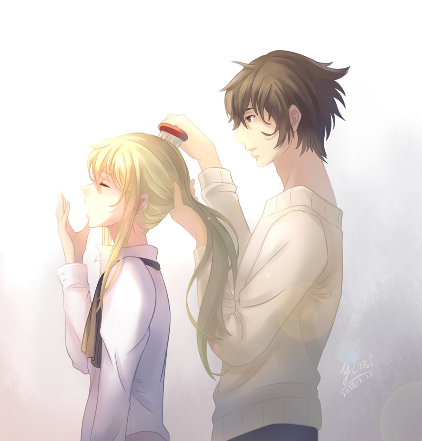 2boys, artist_name, blonde_hair, brown_eyes, brown_hair, closed_eyes, dated, hair_brush