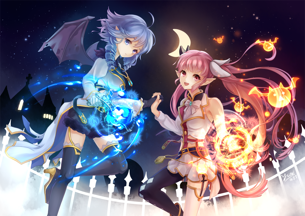 2girls, :d, bat_wings, belt, black_gloves, black_legwear, black_skirt, blue_eyes