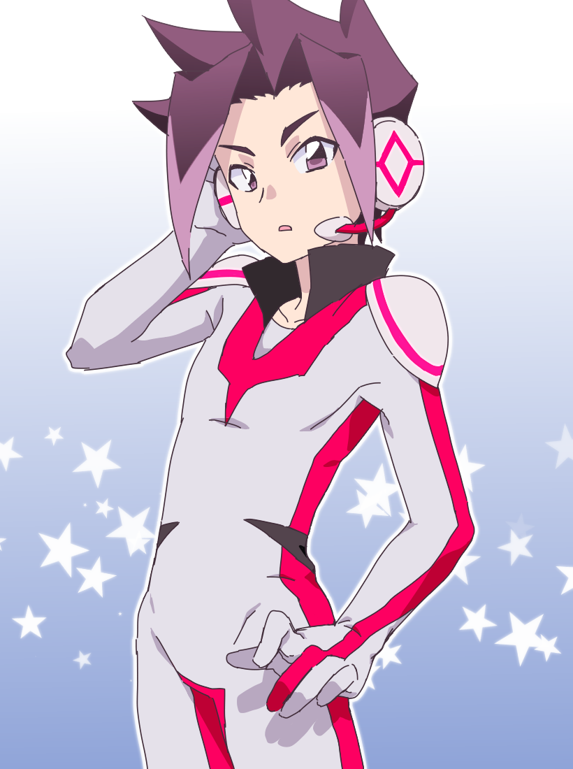 1boy, bodysuit, cowboy_shot, gradient, gradient_background, grey_background, headset, himiko_(asobukisetsu), looking_at_viewer, male_focus, multicolored_hair, oga_akita, pilot_suit, purple_hair, shinkansen_henkei_robo_shinkalion, skin_tight, solo, spiky_hair, star, starry_background, two-tone_hair, violet_eyes