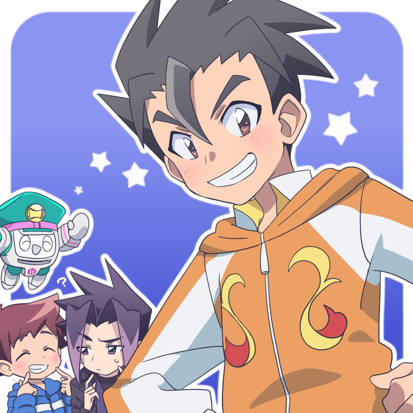 3boys, black_hair, blue_background, brown_hair, cowboy_shot, daimonyama_tsuranuki, grin, hands_on_hips