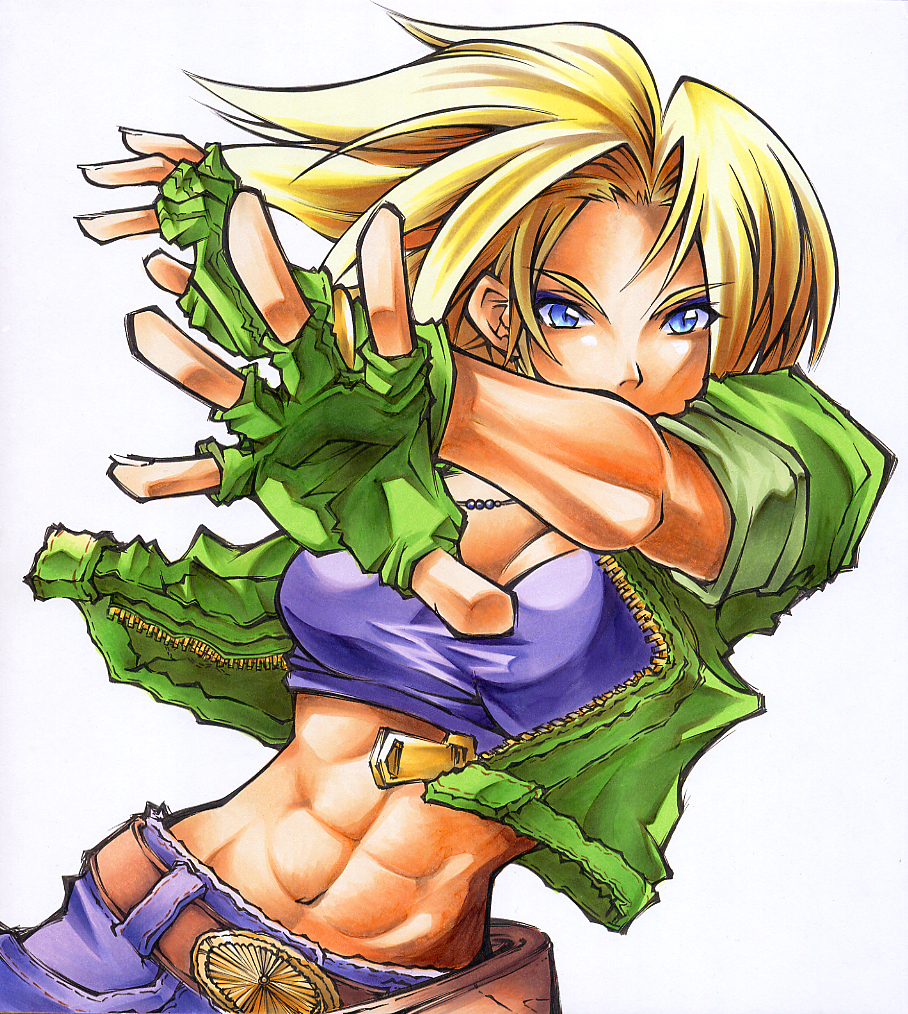 belt, blue_eyes, blue_mary, breasts, calnarsa, cleavage, fatal_fury, fingerless_gloves, gloves, king_of_fighters, muscle, shikishi, snk, solo, traditional_media