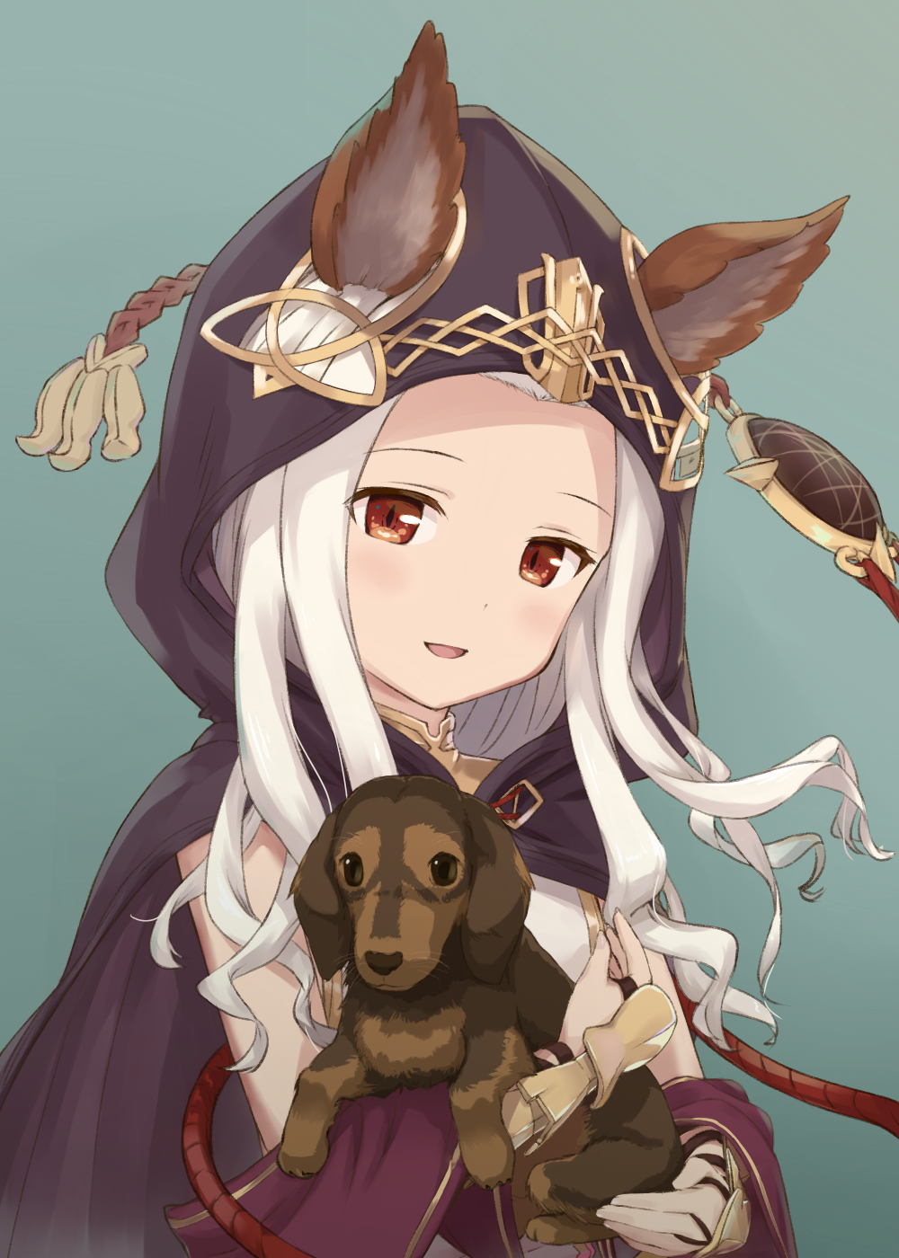 1girl, :d, animal, animal_ears, animal_hug, bangs, black_cloak, blush