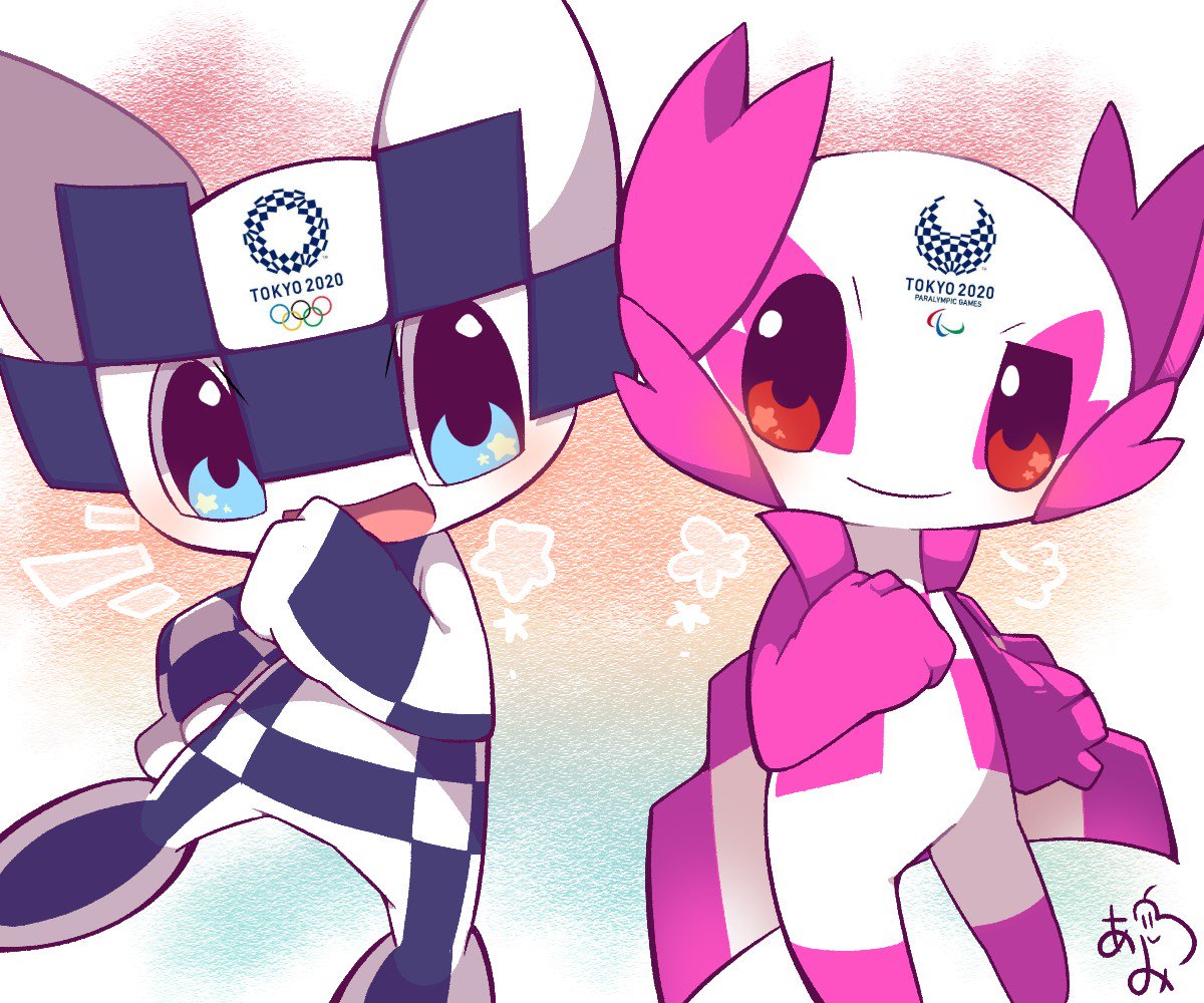 /\/\/\, 1boy, 1girl, 2020_summer_olympics, blue_eyes, clenched_hand, full_body, mascot