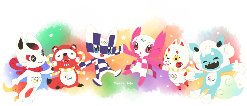1boy, 1girl, 2020_summer_olympics, blue_eyes, closed_eyes, fang, flower, fox