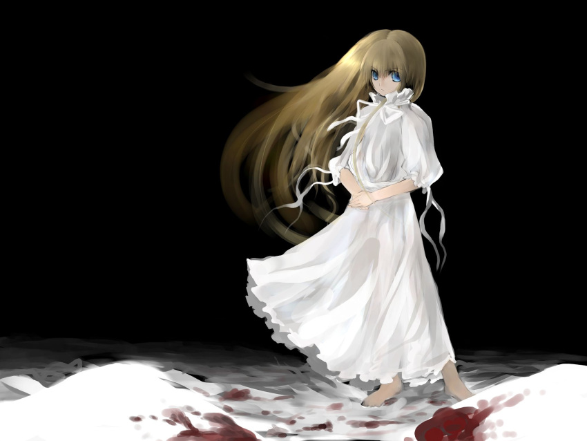 black, blood, blue_eyes, dress, highres, ribbons, sad_girl_in_snow, snow