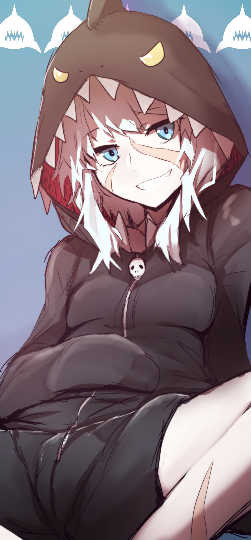 1girl, absurdres, blue_eyes, facial_scar, fate/grand_order, fate_(series), grin, highres
