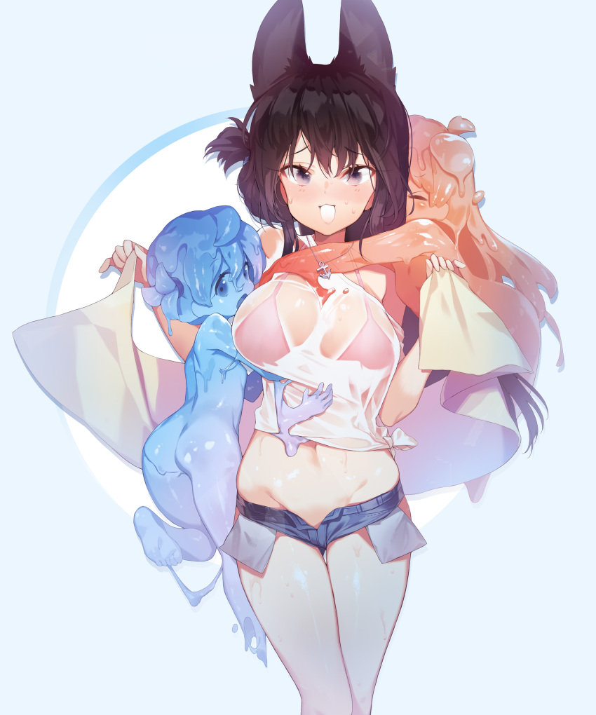 3girls, :3, absurdres, anchor_necklace, animal_ears, ass, bikini, bikini_under_clothes