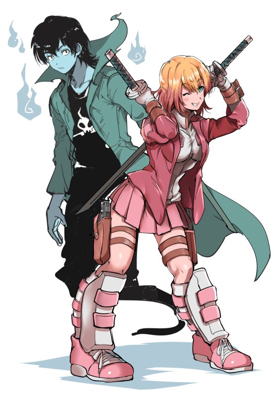 1boy, 1girl, ;d, bared_teeth, black_eyes, blue_skin, cecil_(marvel), dual_wielding, full_body, ghost, ghost_tail, gwen_poole, gwenpool, hitodama, jacket, katana, leotard, looking_at_viewer, marvel, one_eye_closed, open_mouth, pink_footwear, pleated_skirt, pouch, shin_guards, shoes, simple_background, skirt, smile, sneakers, sword, toriko_(hatoriko), trench_coat, weapon, white_background