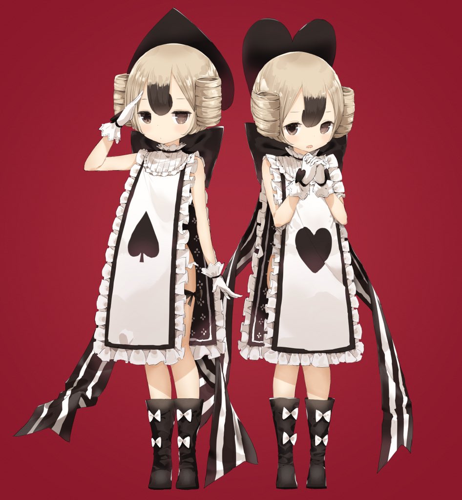 2girls, arm_at_side, arm_up, bangs, black_footwear, black_hair, black_panties, black_ribbon, blush, boots, bow, brown_eyes, closed_mouth, commentary_request, frilled_tabard, frills, gloves, gradient_hair, hair_between_eyes, hands_clasped, hands_up, heart, heart-shaped_pupils, heart_print, light_brown_hair, mabuta_(byc0yqf4mabye5z), mahou_shoujo_ikusei_keikaku, mahou_shoujo_ikusei_keikaku_jokers, multicolored_hair, multiple_girls, own_hands_together, panties, parted_lips, red_background, ribbon, salute, short_hair, shufflin, side-tie_panties, simple_background, spade-shaped_pupils, spade_(shape), standing, striped, striped_ribbon, symbol-shaped_pupils, tabard, underwear, white_bow, white_gloves