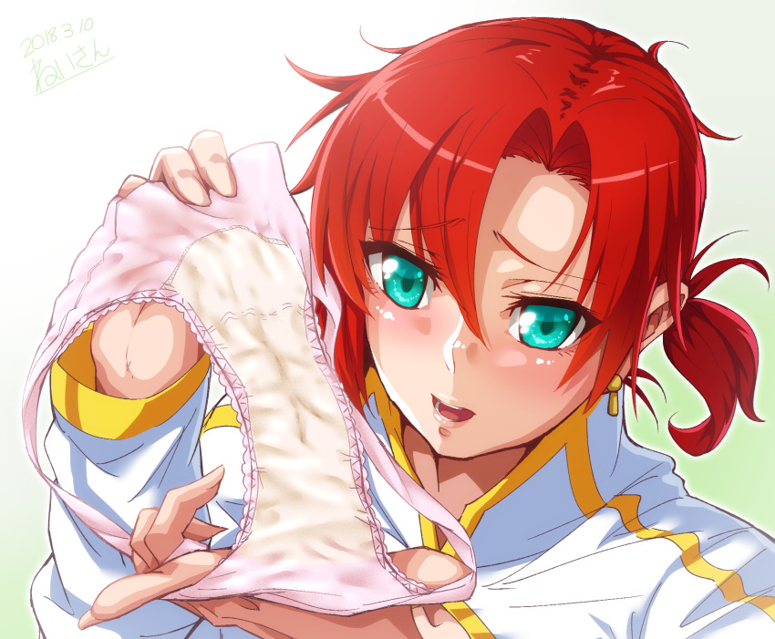 blush, boudica_(fate/grand_order), close-up, earrings, eyebrows_visible_through_hair, fate/grand_order, fate_(series), green_eyes, hero_neisan, highres, holding, holding_panties, jewelry, o-ring_top, open_mouth, panties, ponytail, redhead, short_ponytail, stained_panties, underwear
