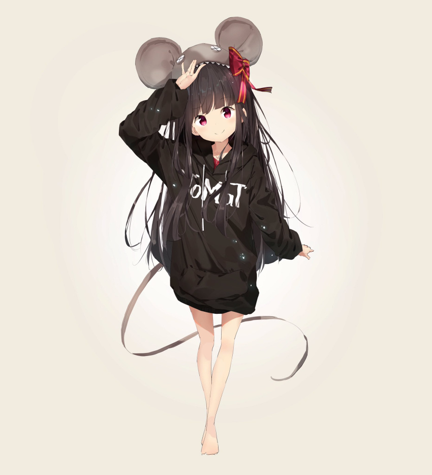 1girl, animal_ears, animal_hat, arm_up, bangs, barefoot, black_hair, black_hat, black_hoodie, blunt_bangs, blush, bow, brown_background, closed_mouth, clothes_writing, collarbone, eyebrows_visible_through_hair, hair_bow, hat, head_tilt, highres, hood, hood_down, hoodie, long_sleeves, looking_at_viewer, mabuta_(byc0yqf4mabye5z), mouse_ears, mouse_hat, mouse_tail, original, red_bow, simple_background, sketch, smile, solo, standing, striped, striped_bow, tail, violet_eyes