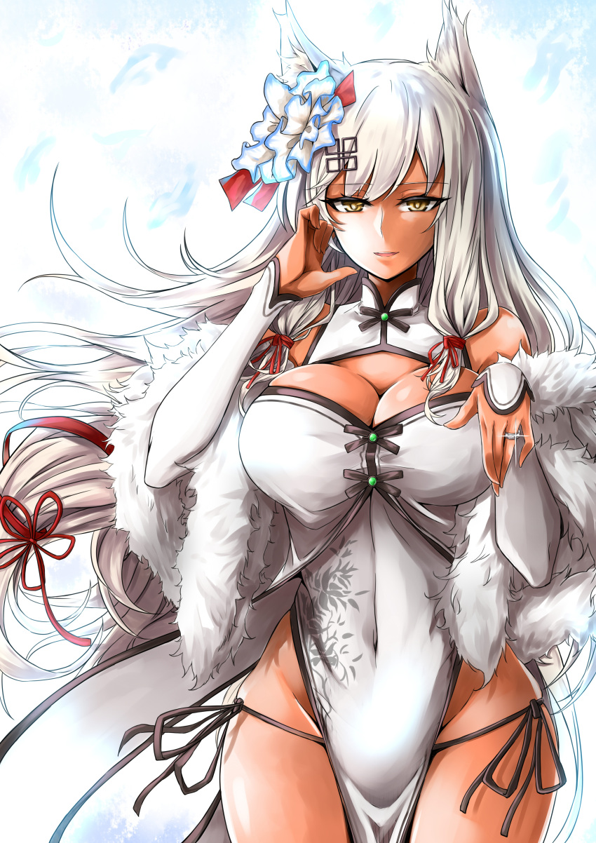 1girl, absurdres, animal_ears, bangs, bare_shoulders, breasts, capelet, cleavage