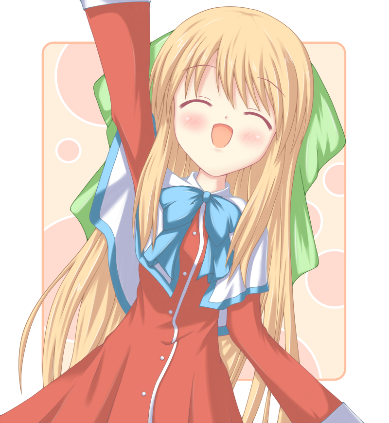 closed_eyes, hair_ribbon, hair_ribbons, kanon, kurata_sayuri, long_hair, ribbon, ribbons, school_uniform, wave, waving, yua_(pixiv82450), yua_(togemaru)