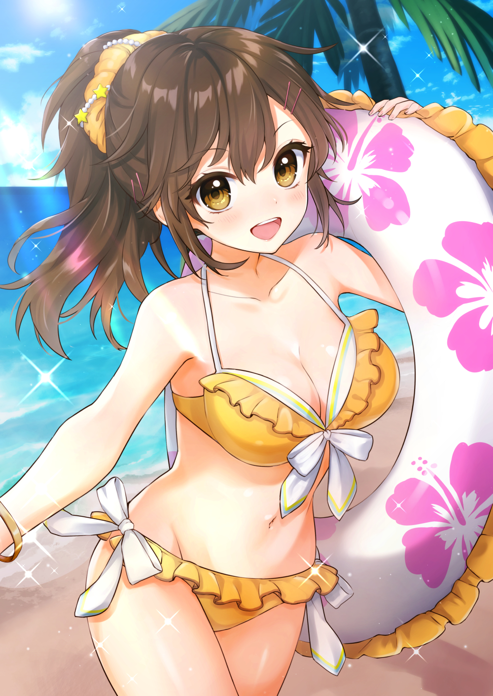 1girl, :d, akariko_(akaringo), bangle, bangs, bare_shoulders, beach, bikini