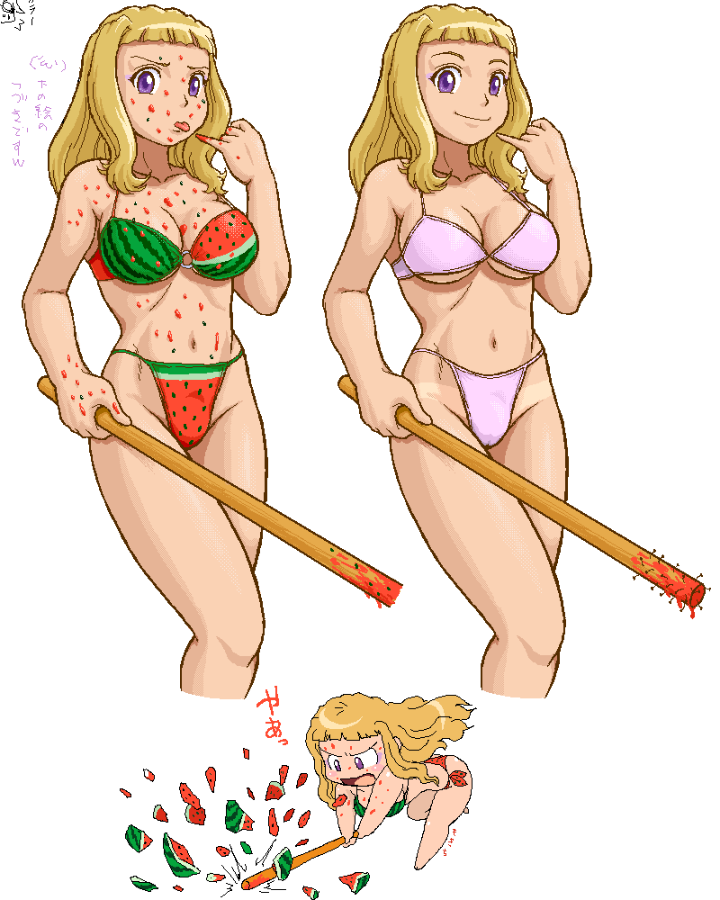 bikini, blonde_hair, blue_eyes, eyeshadow, food, food_themed_clothes, fruit, long_hair, mai_hime, mochi-iri_kinchaku, mokichi, my-hime, nail_bat, stick, suikawari, suzushiro_haruka, swimsuit, watermelon, watermelon_print