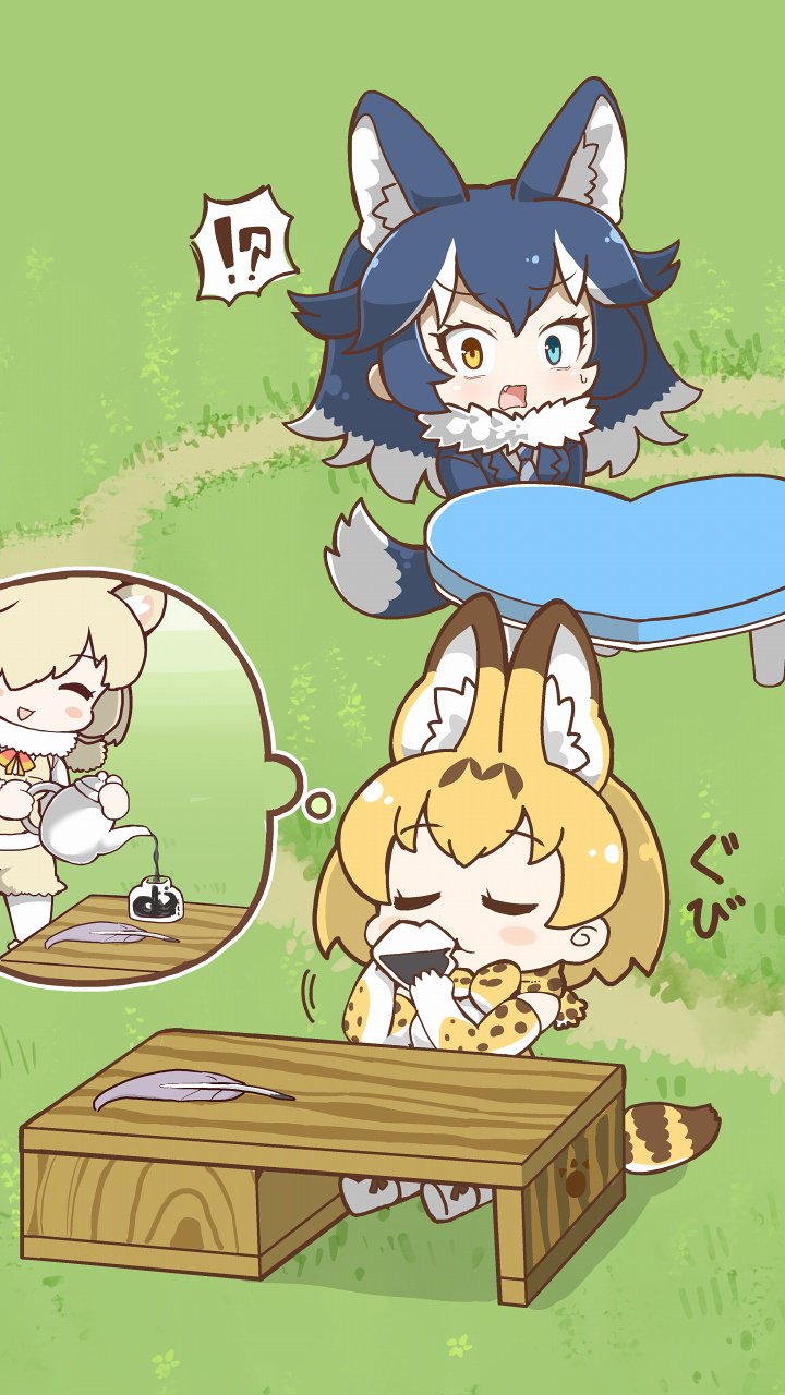 !?, 3girls, alpaca_suri_(kemono_friends), animal_ears, blonde_hair, blue_hair, chibi, closed_eyes, commentary_request, derivative_work, drinking, fang, fur_trim, grass, grey_wolf_(kemono_friends), heterochromia, highres, imagining, ink, inkwell, kemono_friends, kemono_friends_pavilion_(style), multicolored_hair, multiple_girls, open_mouth, pouring, quill, screencap_redraw, serval_(kemono_friends), serval_print, serval_tail, sitting, spoken_interrobang, surprised, table, tail, tanaka_kusao, teapot, thought_bubble, two-tone_hair, white_hair, wolf_ears