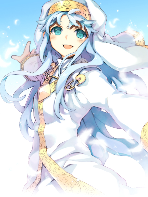 blue_hair, blush, flat_chest, green_eyes, index, long_hair, looking_at_viewer, nun