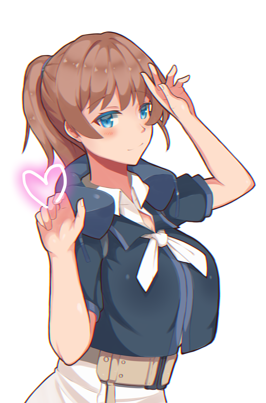 bangs, blue_eyes, breasts, brown_hair, eyebrows_visible_through_hair, halifax-mskv, heart, highres