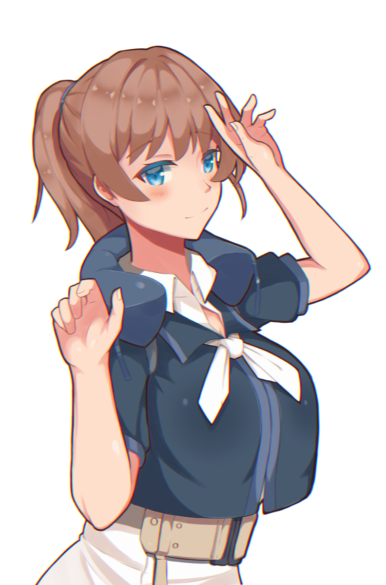 bangs, blue_eyes, breasts, brown_hair, eyebrows_visible_through_hair, halifax-mskv, highres, intrepid_(kantai_collection), kantai_collection, large_breasts, looking_at_viewer, neck_pillow, neckerchief, ponytail, shirt, upper_body