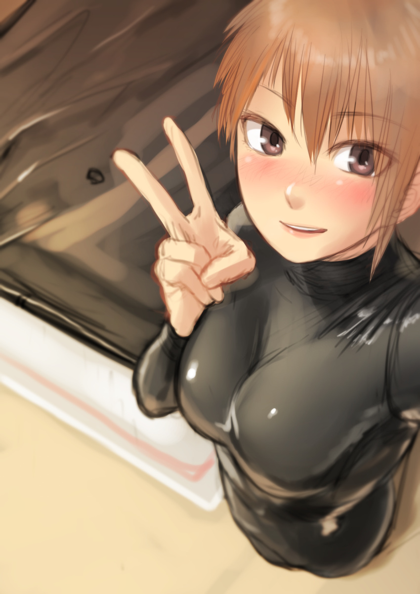 1girl, bodysuit, brown_eyes, brown_hair, eyebrows_visible_through_hair, eyes_visible_through_hair, from_above, highres