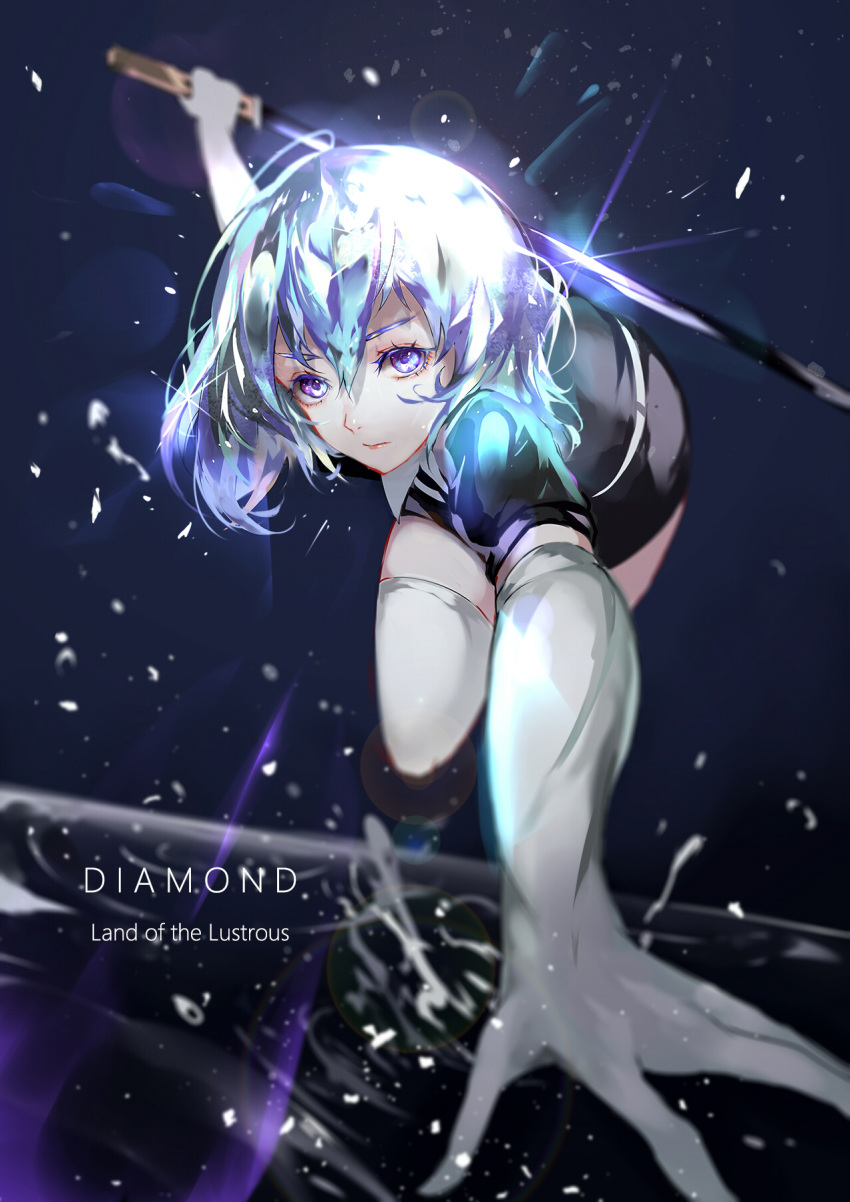 androgynous, arm_support, blurry, character_name, copyright_name, diamond_(houseki_no_kuni), elbow_gloves, expressionless