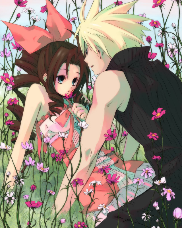 1girl, aerith_gainsborough, bare_shoulders, blonde_hair, blue_eyes, bow, brown_hair, cloud_strife, couple, dress, drill_hair, final_fantasy, final_fantasy_vii, final_fantasy_vii_advent_children, flower, hair_bow, haru_(pixiv276337), hidaka_ryou, kingdom_hearts, kingdom_hearts_ii, love, love_at_first_sight, outdoors, sleeveless, sleeveless_turtleneck, spiked_hair, spiky_hair, turtleneck