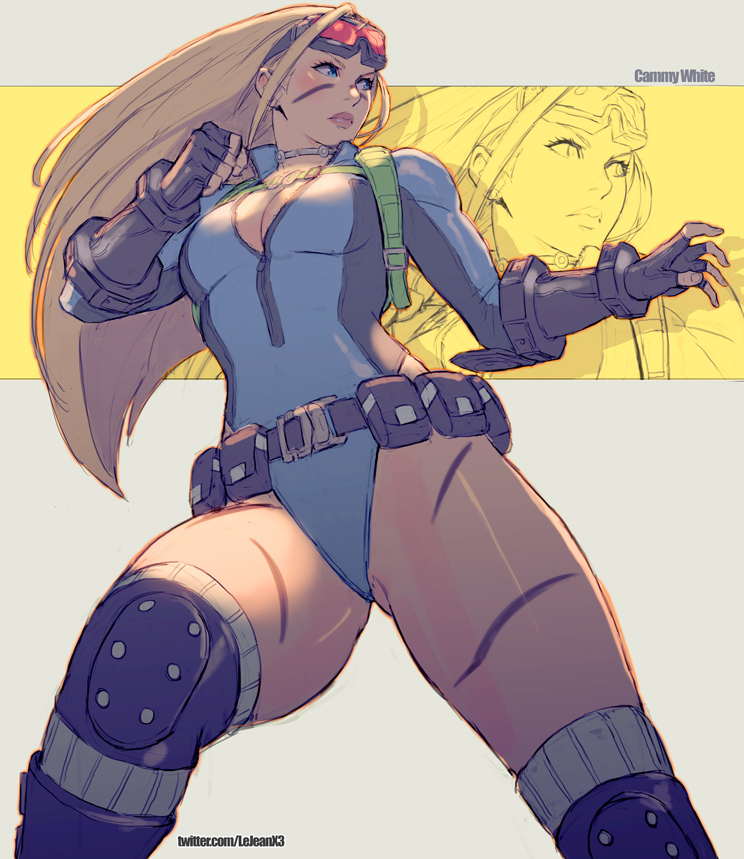 1girl, alternate_costume, alternate_hairstyle, belt_pouch, blue_eyes, blue_leotard, bodypaint, boots, breasts, cammy_white, camouflage, character_name, cleavage, clenched_hand, commission, fighting_stance, fingerless_gloves, gloves, goggles, goggles_on_head, hair_down, knee_boots, knee_pads, leotard, lips, long_hair, long_sleeves, medium_breasts, no_bra, over-kneehighs, patreon_username, rejean_dubois, serious, sketch, solo, street_fighter, thick_thighs, thigh-highs, thighs, throat_microphone, unzipped, zoom_layer
