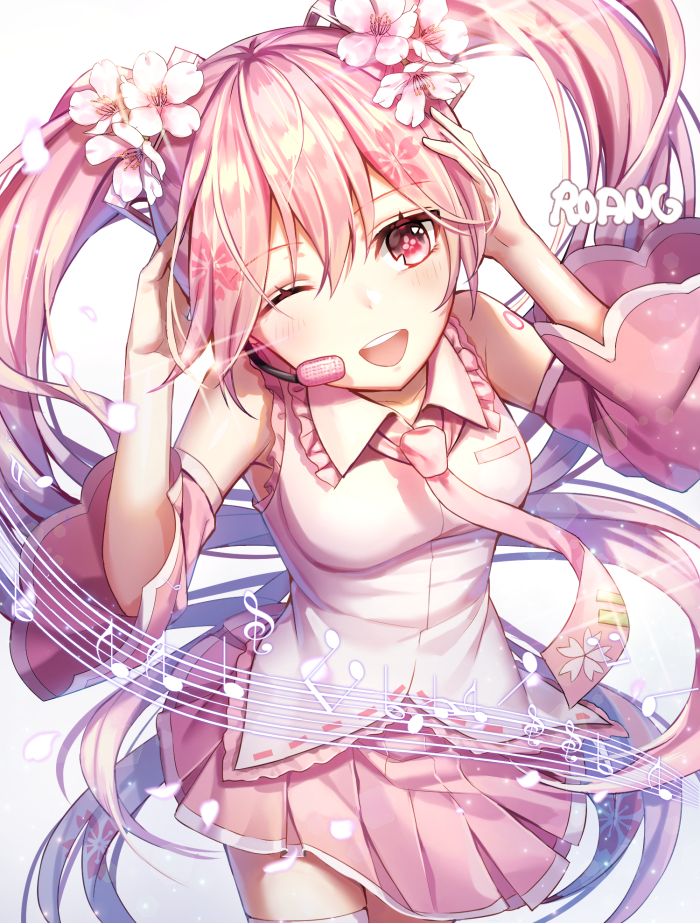 1girl, ;d, arms_up, artist_name, bangs, beamed_quavers, blush, breasts