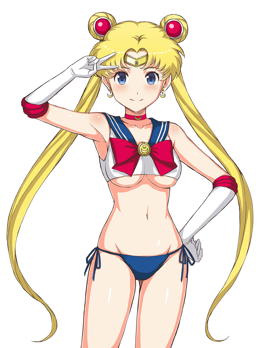 1girl, adapted_costume, arm_up, armpits, bangs, bare_shoulders, bikini, bikini_bottom