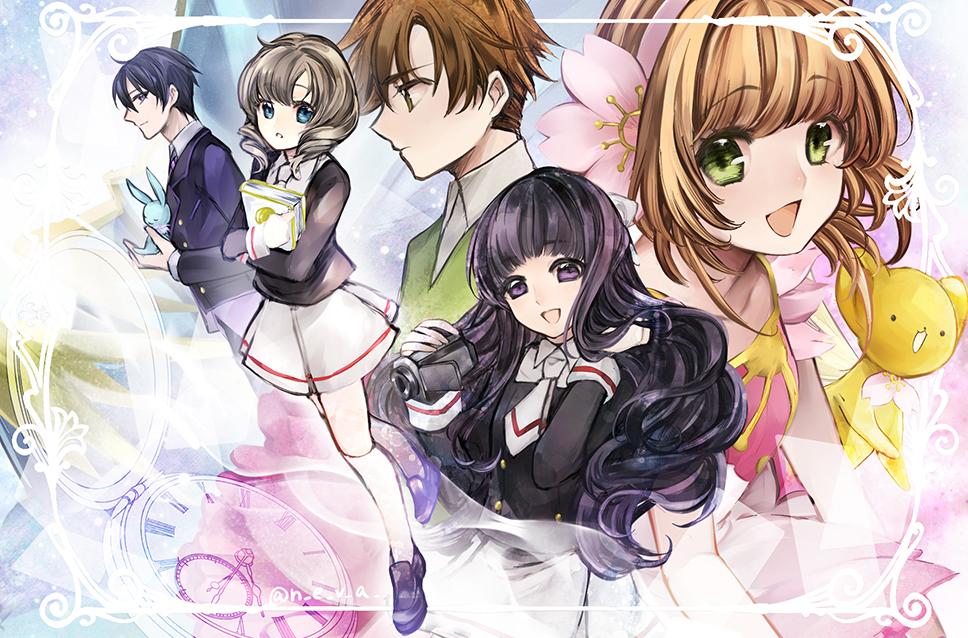 2boys, 3girls, :d, artist_name, book, camcorder, card_captor_sakura, daidouji_tomoyo