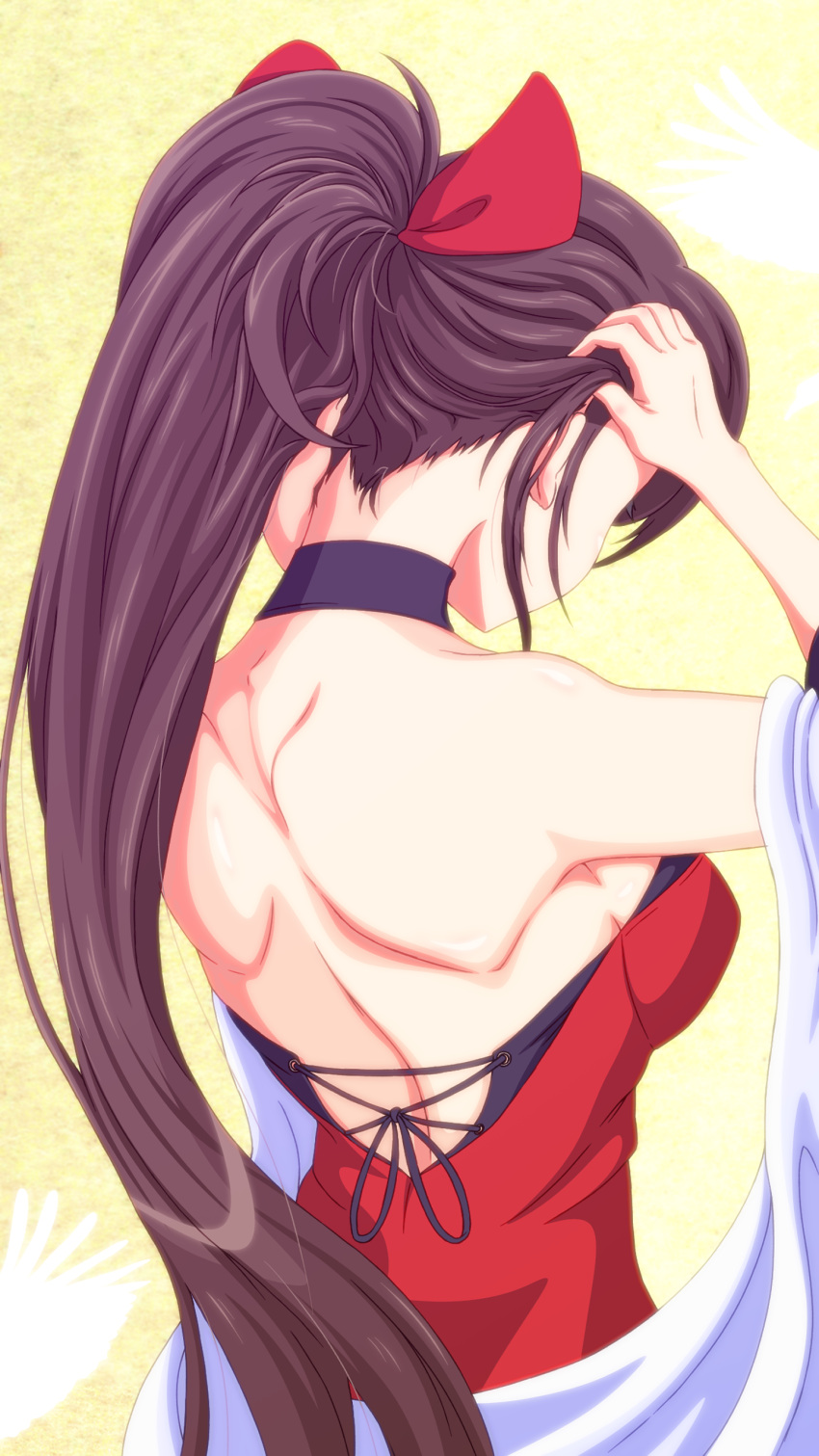 absurdres, arms_up, azur_lane, bare_shoulders, bow, breasts, brown_hair, choker