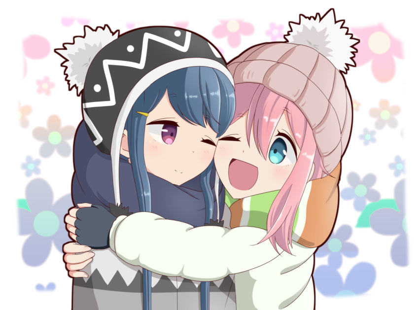 2girls, beanie, blue_eyes, blue_hair, eyebrows_visible_through_hair, fingerless_gloves, gloves, hair_between_eyes